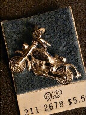 Vintage Wells Sterling Silver Motorcycle Charm on Original Card Wheels Move